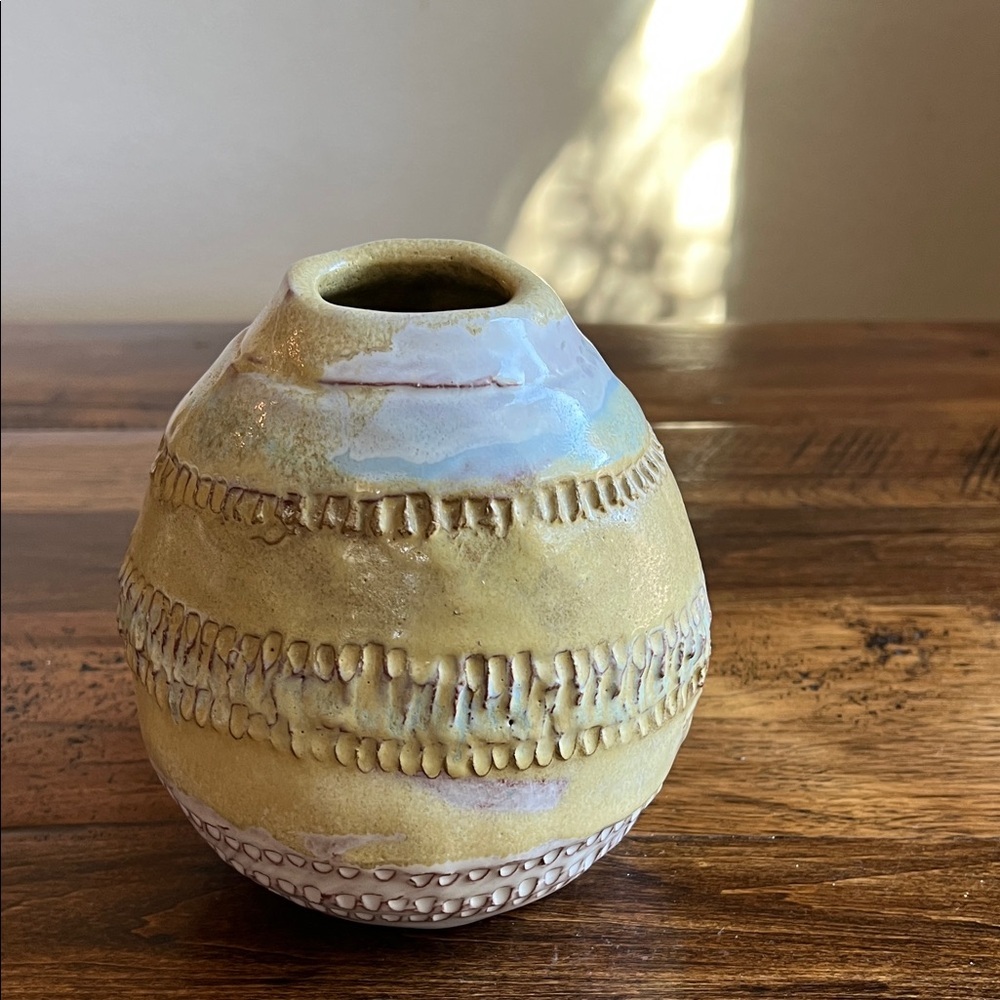 Original Studio Pottery Abstract Textured Art Vase Yellow White